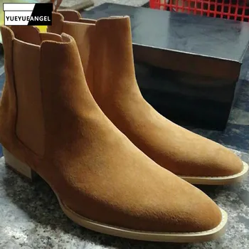 

Pointed Toe Chelsea Boots Men High Quality Leather High Top Desert Ankle Boots Casual Winter Flat Shoes Botines Hombre Plus Size