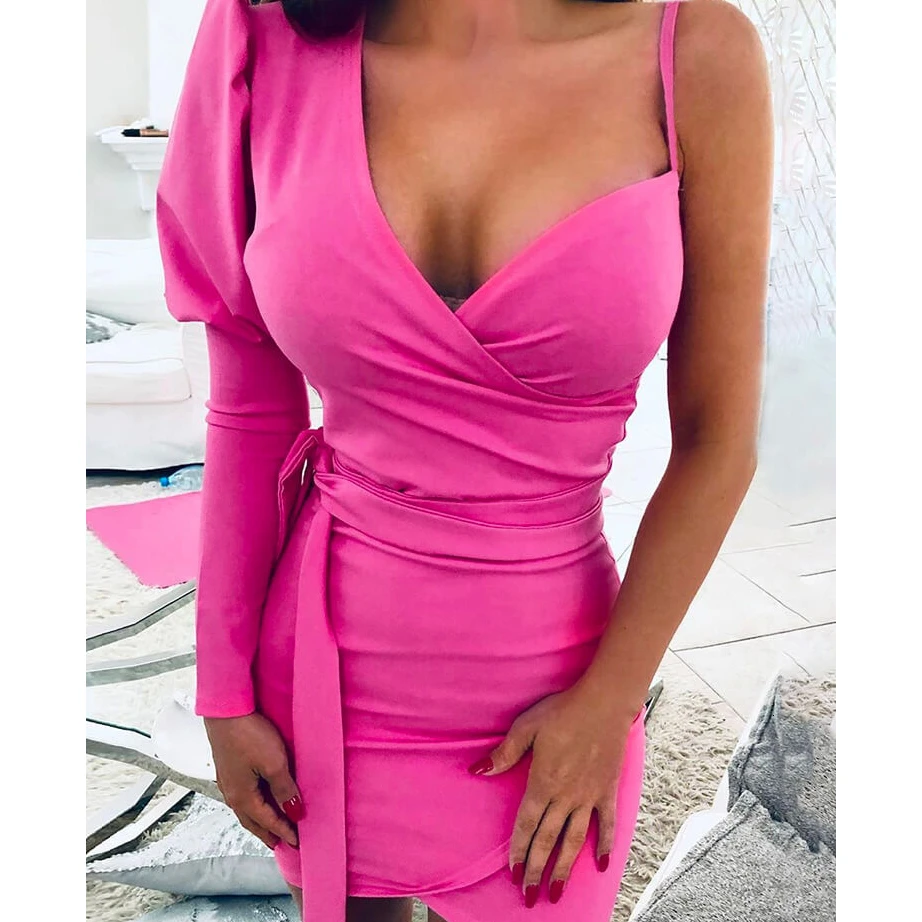 

Puff Sleeve One Shoulder Dress Women Strapless Irregular Sashes Short Dress Sexy Night Club Party Bodycon Dresses