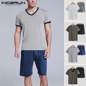 

INCERUN Fashion Men Pajamas Sets Patchwork V Neck Short Sleeve Nightgown Shorts Homewear Summer 2 Pieces Soft Men Sleepwear Sets