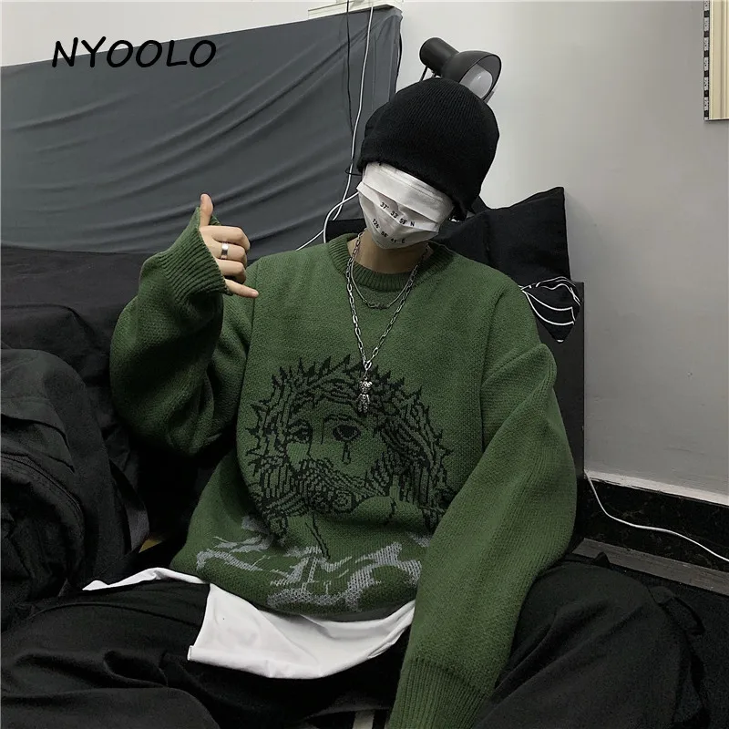 NYOOLO Autumn winter street Jesus letters thick warm knitted sweater Casual loose long sleeve O-neck pullover sweaters women men
