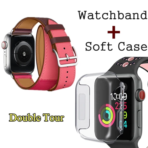 Bordeaux Rose Herm логотип на застежке Свифт кожаный двойной один тур часы ремешок для Apple Watch серии 5 4 3 44 мм 40 мм браслет для iWatch - Цвет ремешка: Bordeaux Rose