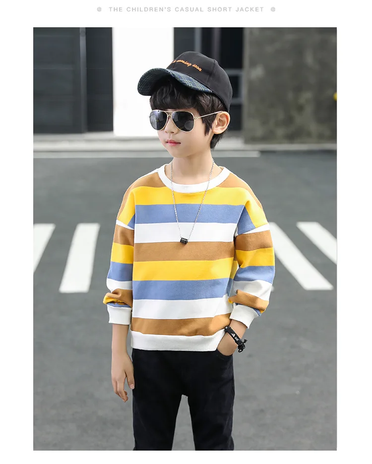 Children t-shirts boy clothes long sleeve coats red green yellow stripe Tshirts teens boys kid sweatshirt 4-14 years tops tees