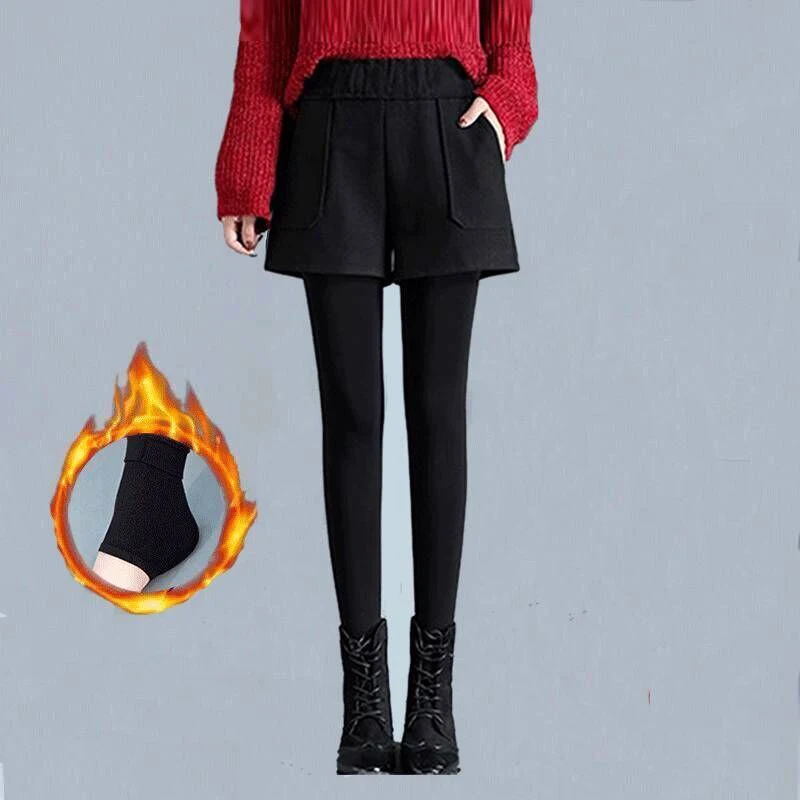 Женские теплые обтягивающие штаны из флиса осень-зима, бархатная юбка+ длинные брюки, имитация двух частей, утепленные леггинсы E122 - Цвет: black