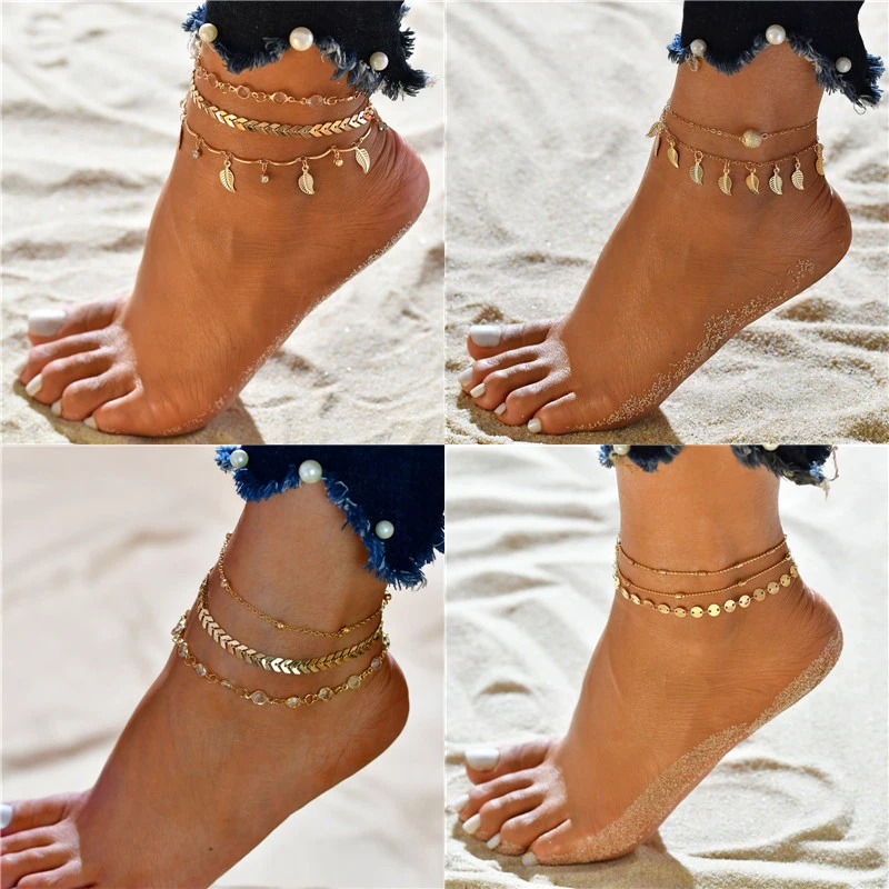 Modyle 3pcs/set Boho 18 Styles Crystal Anklet Fashion Multilayer Foot Chain New Ankle Bracelet for Women Beach Accessories Gift