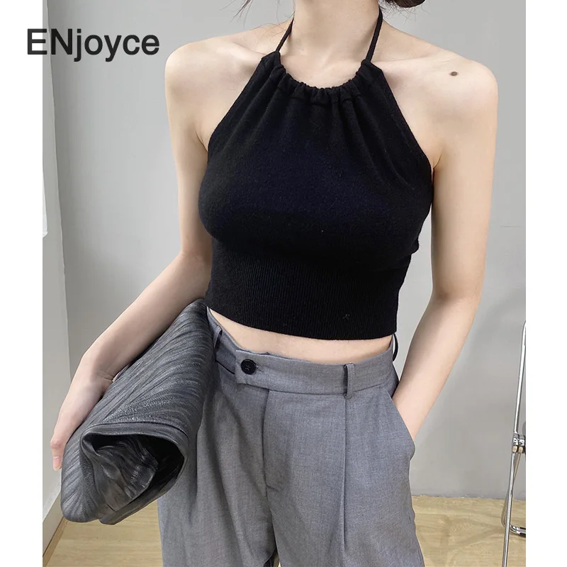

Summer Vintage Ribbed Knitted Tank Ladies Casual Black Stretch Halter Camis Cropped Top Women Clothing Sleeveless Vest