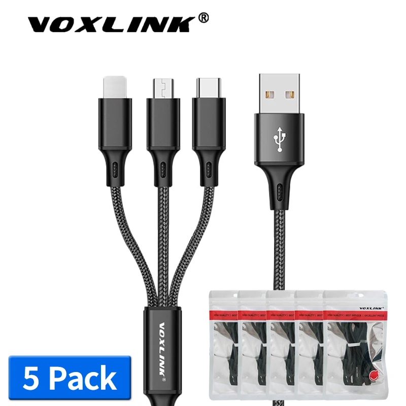 

VOXLINK 5 Pack 3 in 1 USB Cable For iPhone XS Max XR X 8 7 Micro USB Cable For Samsung Android USB Type C Mobile Phone Cables