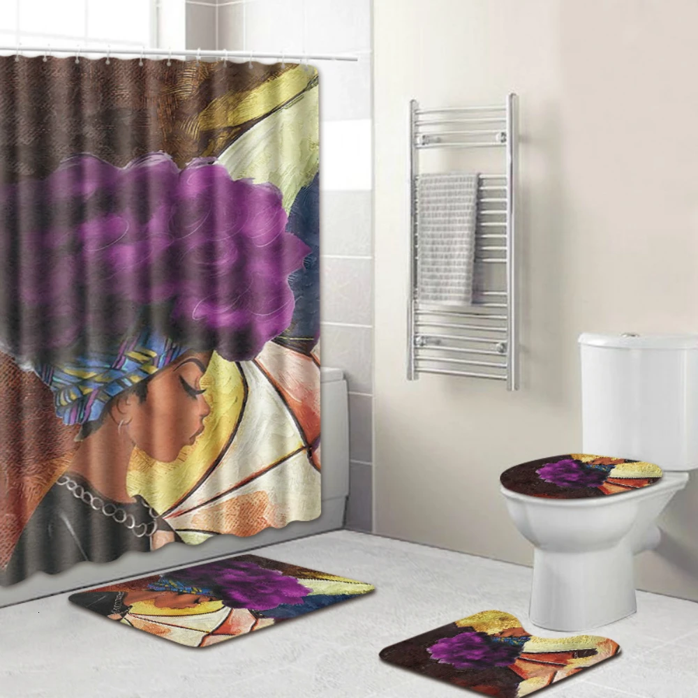 

Shower Curtain Printed African Woman Polyester Fabric Home Decor Bathroom Curtain Non-slip Bath Mat Toilet Cover Drop Shipping