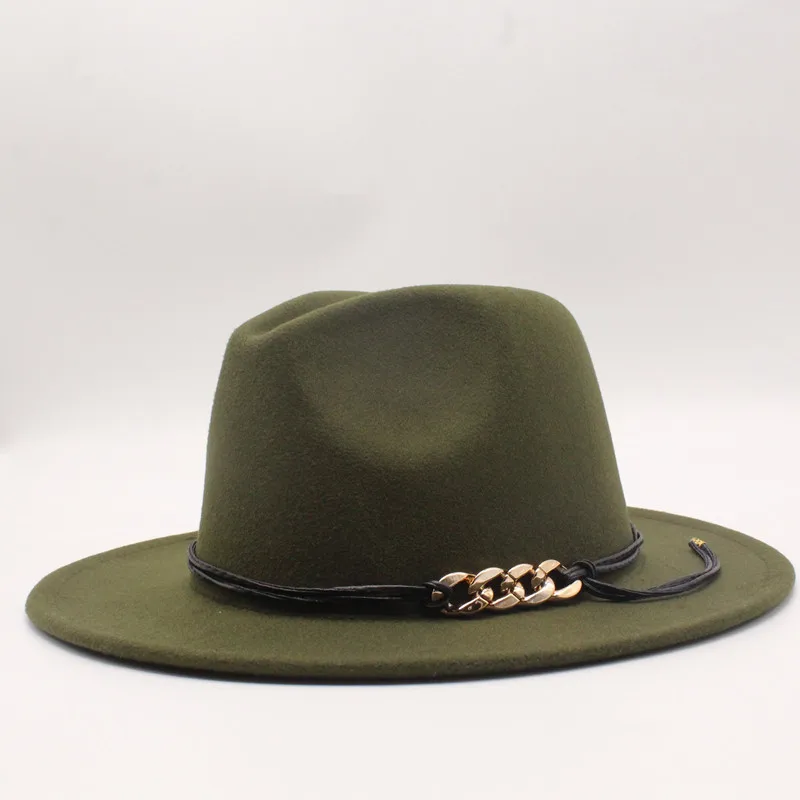 woolen Felt Hat Men Fedora Hats with Chain Women Vintage Trilby Caps Wool Fedora Warm Jazz Hat Chapeau Femme feutre Panaman hat