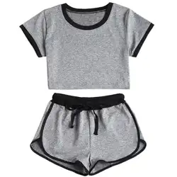 Yfashion/Летняя женская одежда, спортивный комплект, однотонные топы с короткими рукавами + шорты из хлопчатобумажной ткани на каждый день