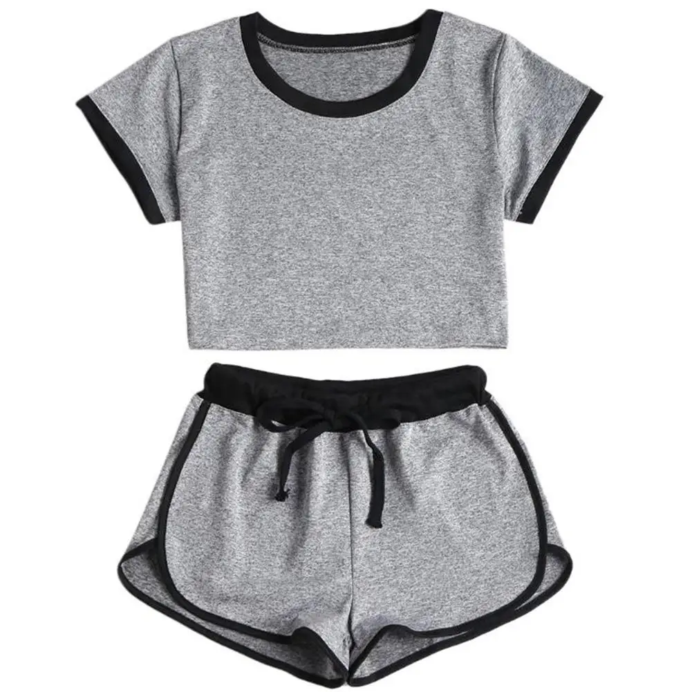 

Yfashion Summer Women Clothes Sports Set Solid Color Short Sleeve Tops+ Shorts Cotton Blend Casual Women Set Sport Suit