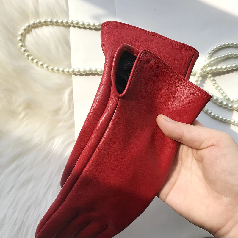 Women's Genuine Leather Gloves Red Medium Length Sheepskin Glove Thin Lining Autumn Winter Velvet Lining Hand Armguard Windproof