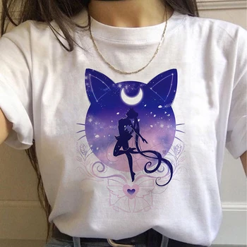 

Harajuku Sailor Moon Tshirt Cartoon Cat Printed Womens T Shirt Hip Hop Women Shirts Summer Top Streetwear Female Clothes T-shirt