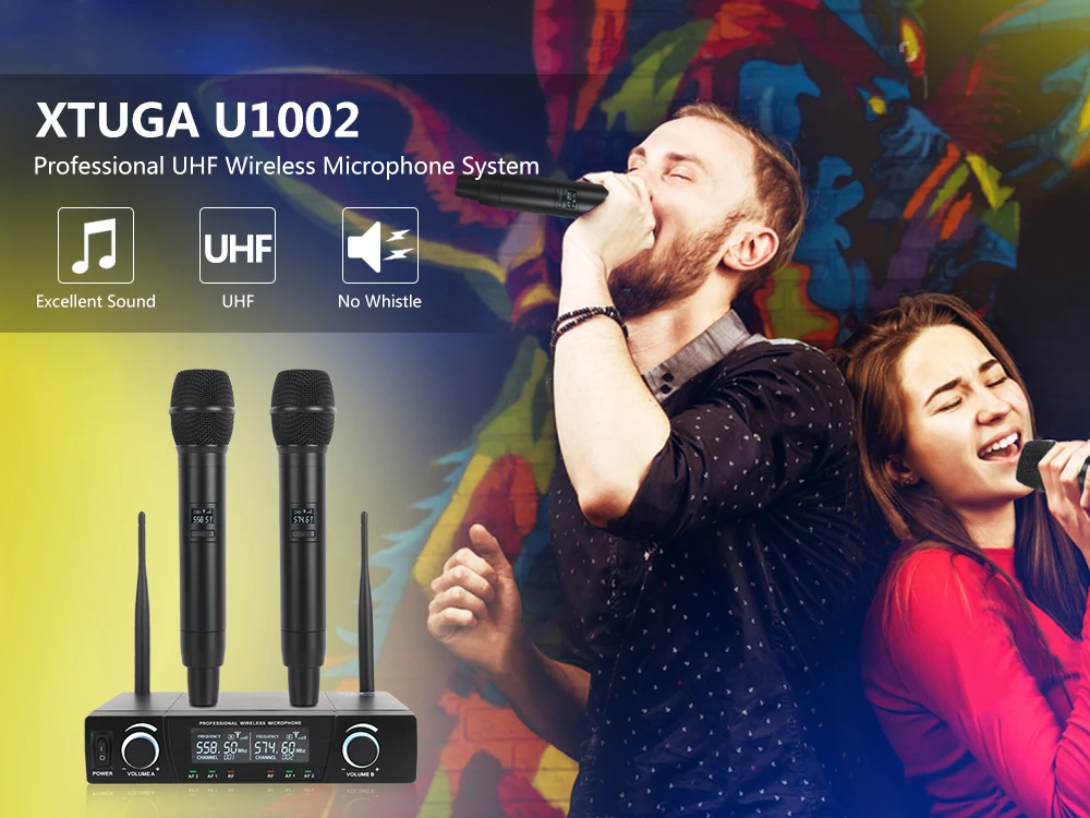 XTUGA U1002 UHF профессиональный двойной беспроводной микрофон Система 2 канала 2 ручной караоке микрофон Комплект для свадьбы, вечерние
