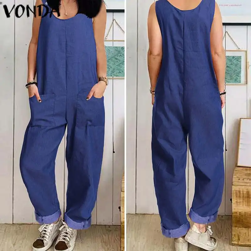 

Women Sexy Sleeveless Rompers Women Casual Solid Color Long Playsuits Beach Bohemian Jumpsuits Wide Leg Pants Plus Size Pantalon