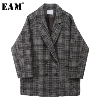 

[EAM] Loose Fit Brown Plaid Double Breasted Big Size Woolen Coat Parkas New Long Sleeve Women Fashion Autumn Winter 2020 1X141