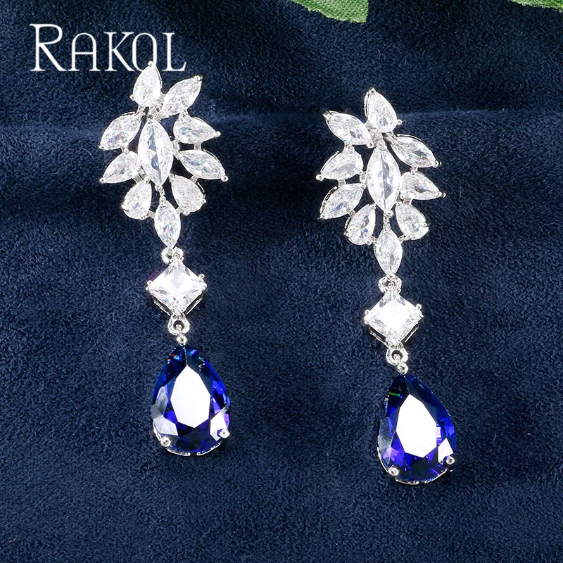 

RAKOL Sparkling Shiny Blue Water Drop AAA Zirconia Dangle Earrings For Women Fashion Crystal Flowers Bridal Wedding Jewelry RE06