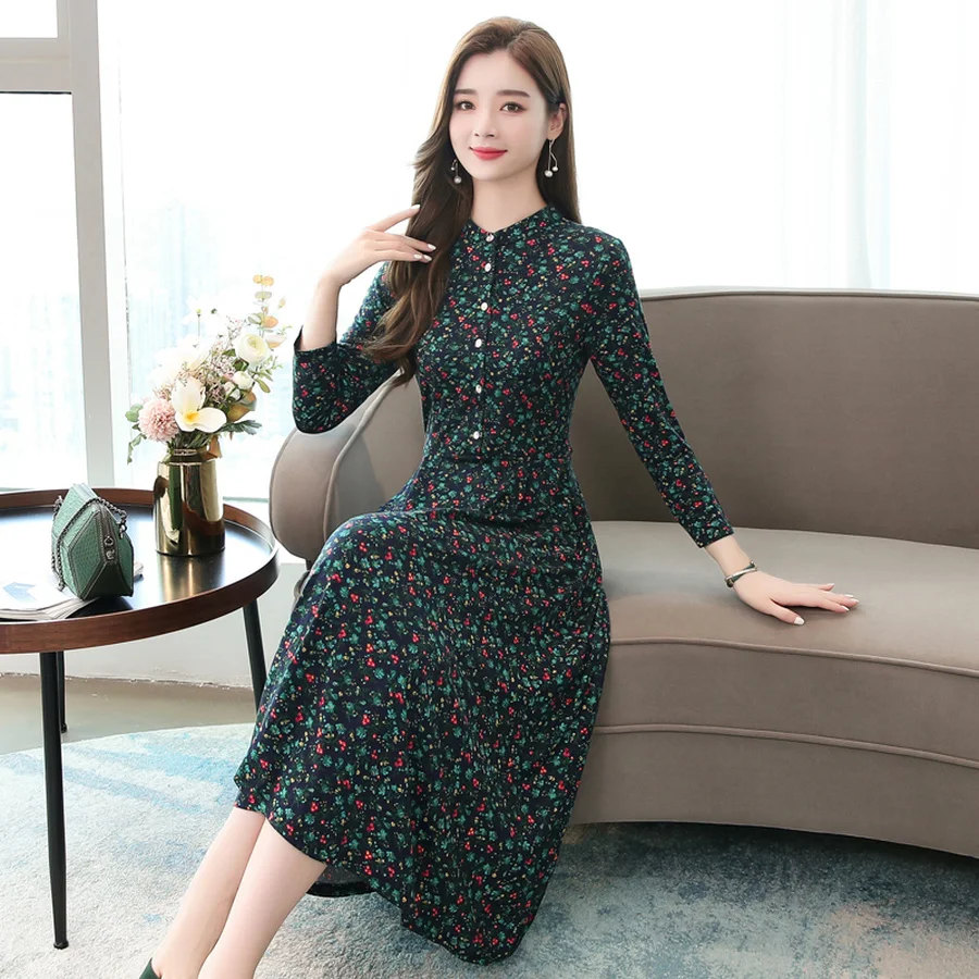 Skup 2019 w stylu Vintage kobiet druku sukienki midi jesień zima 4XL Plus rozmiar kwiatowy z długim rękawem sukienka eleganckie kobiety Bodycon Party Vestidos