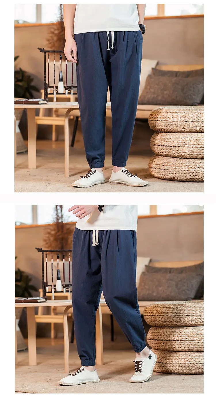 Льняные повседневные мужские брюки в китайском стиле, свободные шаровары, большие размеры, спортивные штаны для ног, Мужские штаны-фонарики