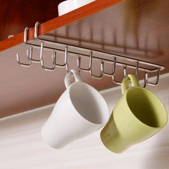 

Hot sale tea cup holder metal shelf under shelf hook cabinet storage box stainless steel row hook cup holder kitchen supplies