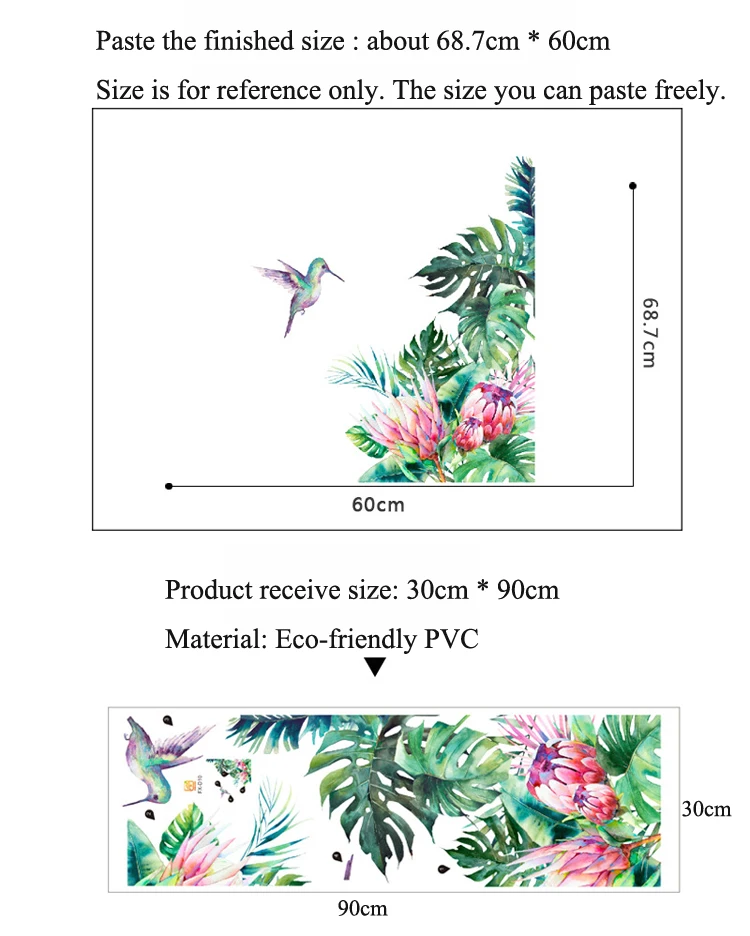 Tropical Leaves Flowers  Decal Bird Wall Stickers Bedroom Living Room Wallpaper 