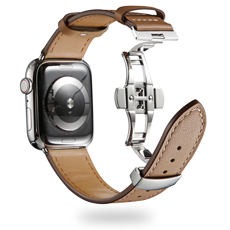 Ремешок из коровьей кожи для Apple Watch ремешок 44 мм браслет iwatch серия 5 4 3 2 1 Роскошная стальная пряжка 42 мм петля 38 мм Замена 40 мм - Цвет ремешка: LightBrown Silver