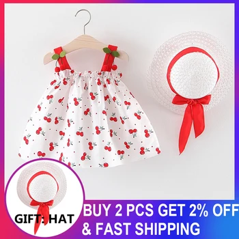 

Baby Girls Dress 2020 New Summer Style with Hat Cherry Newborn Baby Girl Clothing Infant Cotton Bow Dresses Babies Girl Clothes