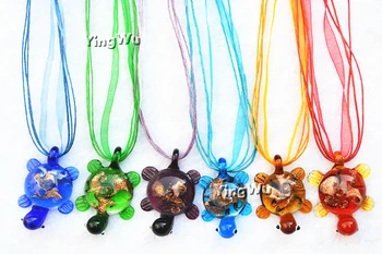 

Yingwu Fashion Wholesale 6pcs handmade Murano Lampwork Glass Mixed Color Turtle tortoise Flower Inside Pendants Charms Necklaces