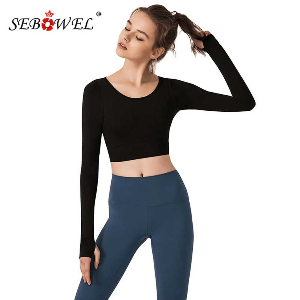 

SEBOWEL Autumn Women Sport Tops Long Sleeve Cropped Top with Padded Cup Female Solid Color Backless Running Quick-drying T-shirt