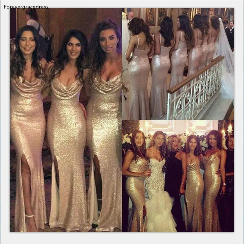 Sexy Seuqins Bridesmaid Dresses V-Neck Backless Bling Bling Gold Dresses For The Bride Mermaid Side Split Long 118 (2)