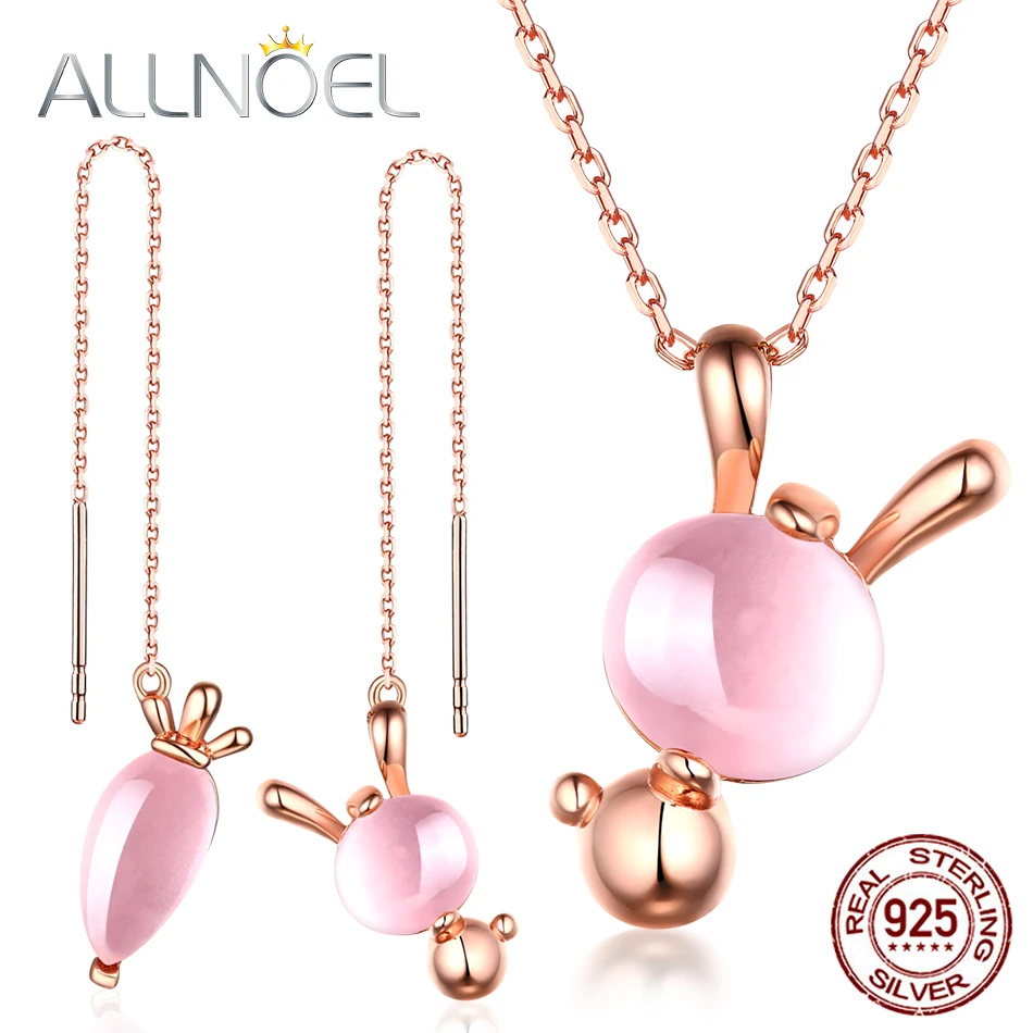 

ALLNOEL 925 Sterling Silver Necklace For Women Rabbit Earrings Pendant Necklace Natural Rose Quartz Gmestone Fine Jewelry New