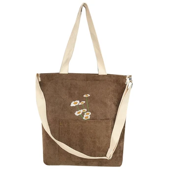 

Ladies Corduroy Shoulder Bag Ladies Handbag Foldable Shopping Bag Embroidery Women Handbag Crossbody Bag