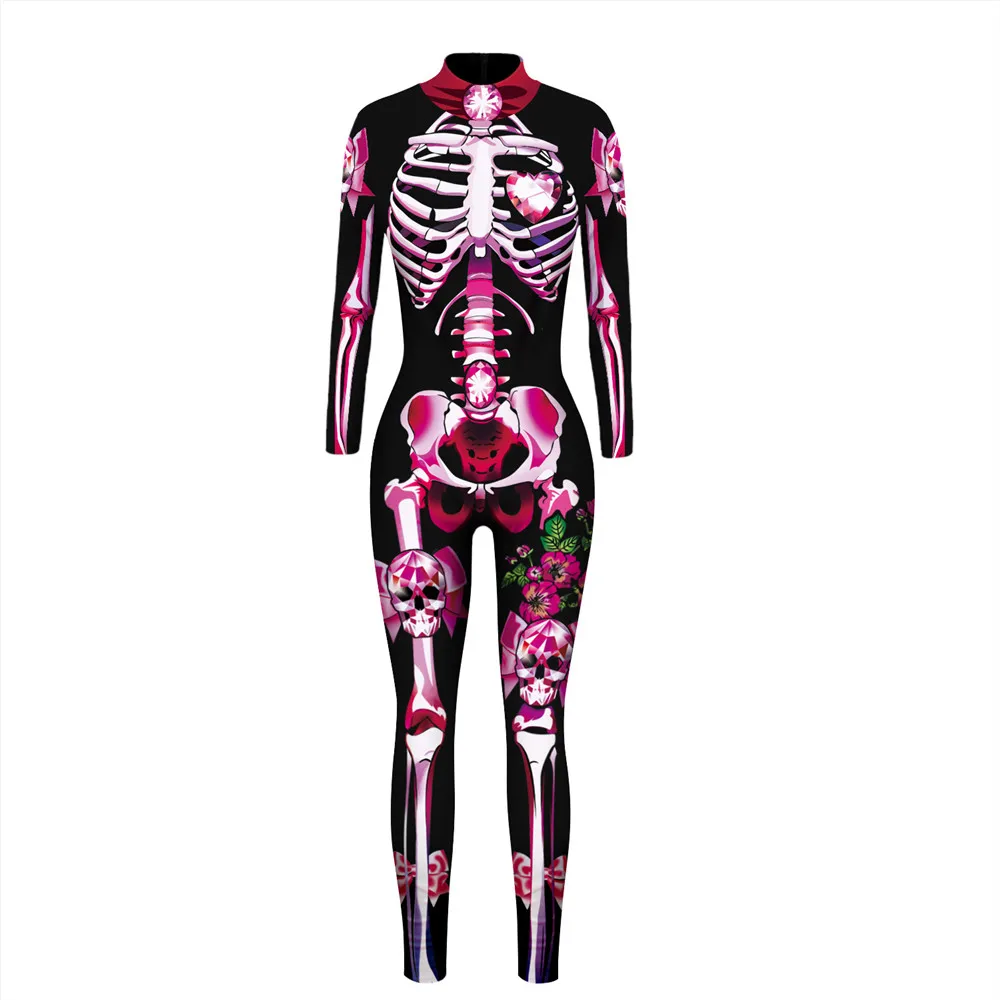 Костюм Goocheer с 3D принтом в виде скелета розы, страшные костюмы на Хэллоуин для женщин, механический костюм с черепом размера плюс