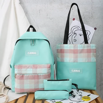 

4PC Forest lovely girl backpack set of four casual fashion plaid tutorial bag canvas bag