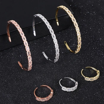 

3Sets/Package Luxury Stackable Bangle Ring Set For Women Full Micro Baguette Cubic Zircon Party Wedding Saudi Arabic Jewelry