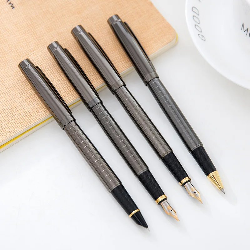

Metal Dark Grey Grid Fountain Pen Hooded/Fine/Bent Nib Art Calligraphy Pens for Choose Gift Stationery School Office Supplies