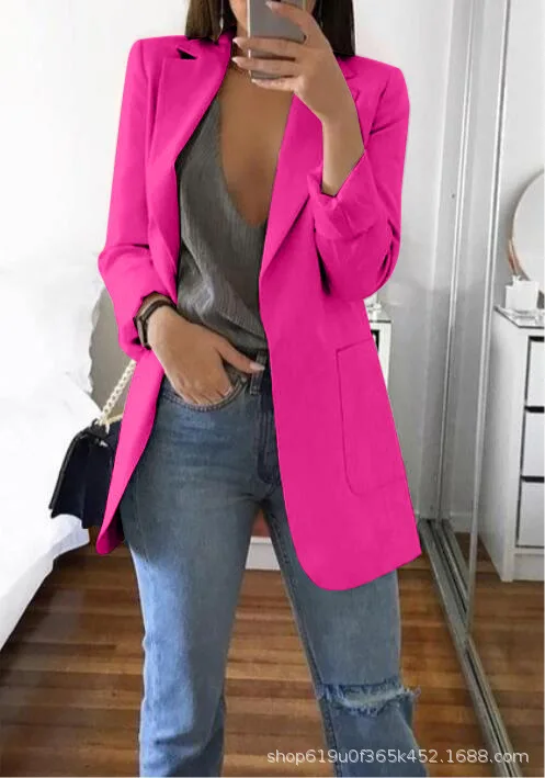 Fashion Slim Blazers Women Autumn New Suit Jacket Female Work Office Lady Suit Pocket Business Notched Blazer Coat Plus Size-85 - Цвет: Rose Red