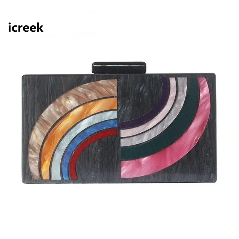

19Brand new Accessory Women Bag Acrylic Black Dinner Handbag rainbow Striped Patchwork Evening Bag Trendy Party Box Clutch Purse