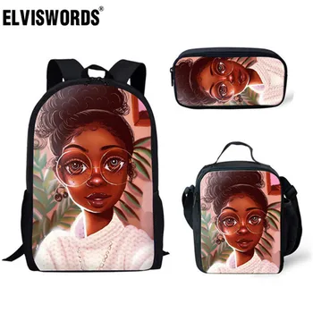 

ELVISWORDS Afro Lady Black Girl Magic Print Backpack Women 3pcs/set School Backpacks for Kids Girls Primary Bookbag Children Bag