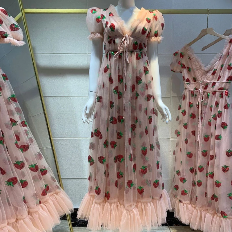 Women Sequin Strawberry Maxi Dress Summer Embroidery Mesh Lace Up High Waist Long Dress Original Quality