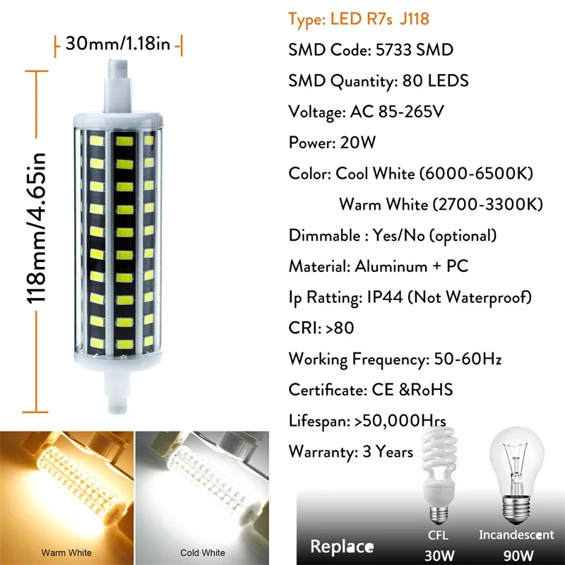20W J118 R7S Светодиодный прожектор светильник J78 J118 J135 J189 78 мм 118 мм 135 мм 189 мм мощностью 10 Вт, 20 Вт, 25 Вт 30 Вт 5733 SMD лампы 60 Вт 150 Вт галогенных ламп - Испускаемый цвет: 20W J118