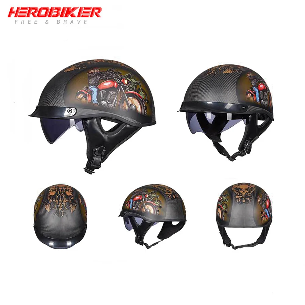 HEROBIKER карбоновый мотоциклетный шлем Ретро Скутер крушение Мото шлем половина лица шлем Байкер мотоциклетный шлем с козырьком - Цвет: GXT-G510-05