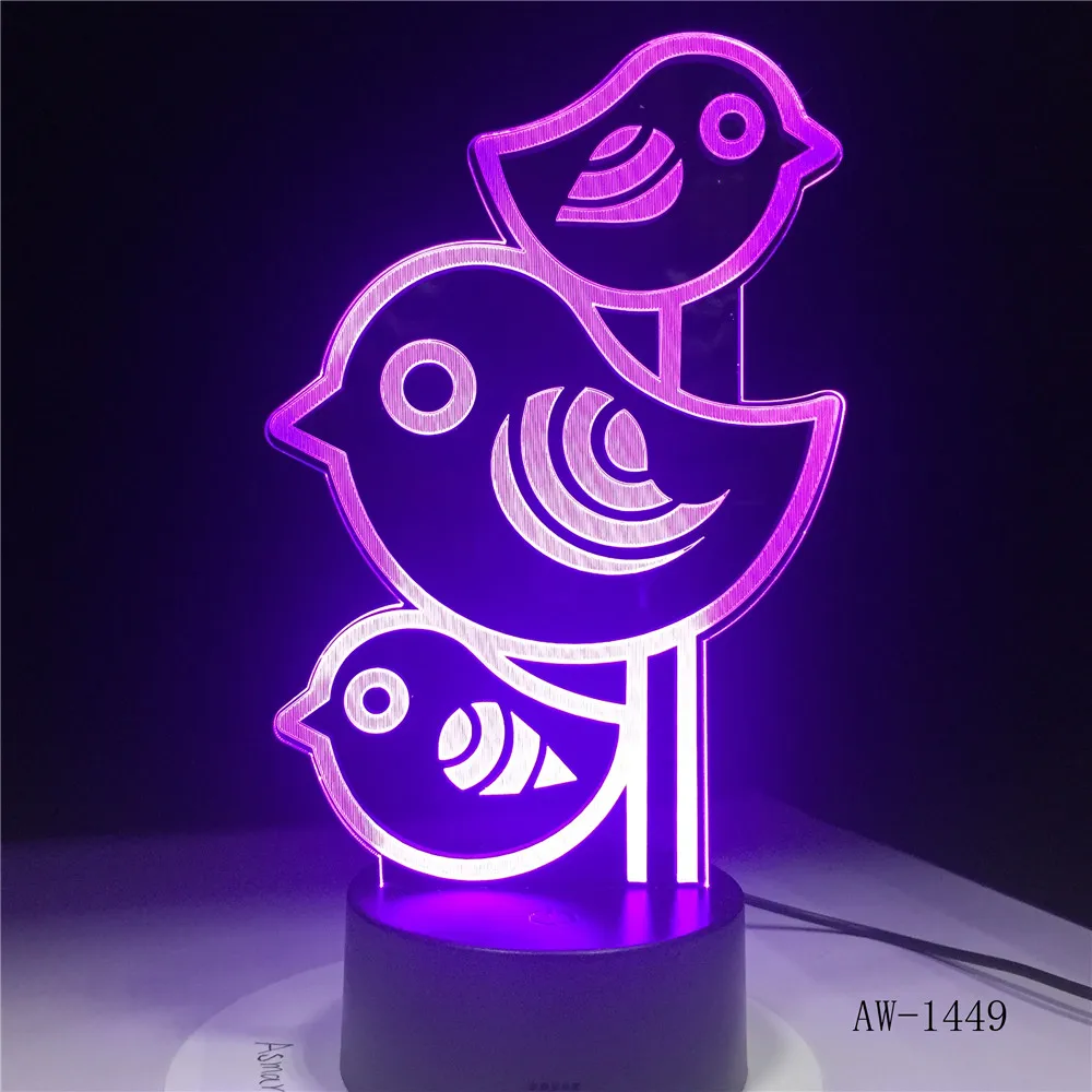 Креативная модель с тремя птицами, светодиодный 3D лампа, USB, цветная настольная лампа, детская спальня, ночник для дома, лампа для офиса, AW-1449