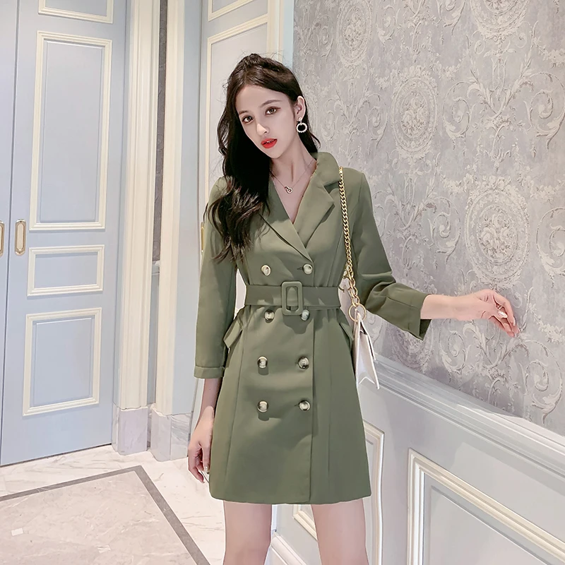 

Autumn Fashion Suit Dress Sweet Elegant Long Sleeve Double-breasted high Waist Slim with Belt Ladies Dress vestidos largos