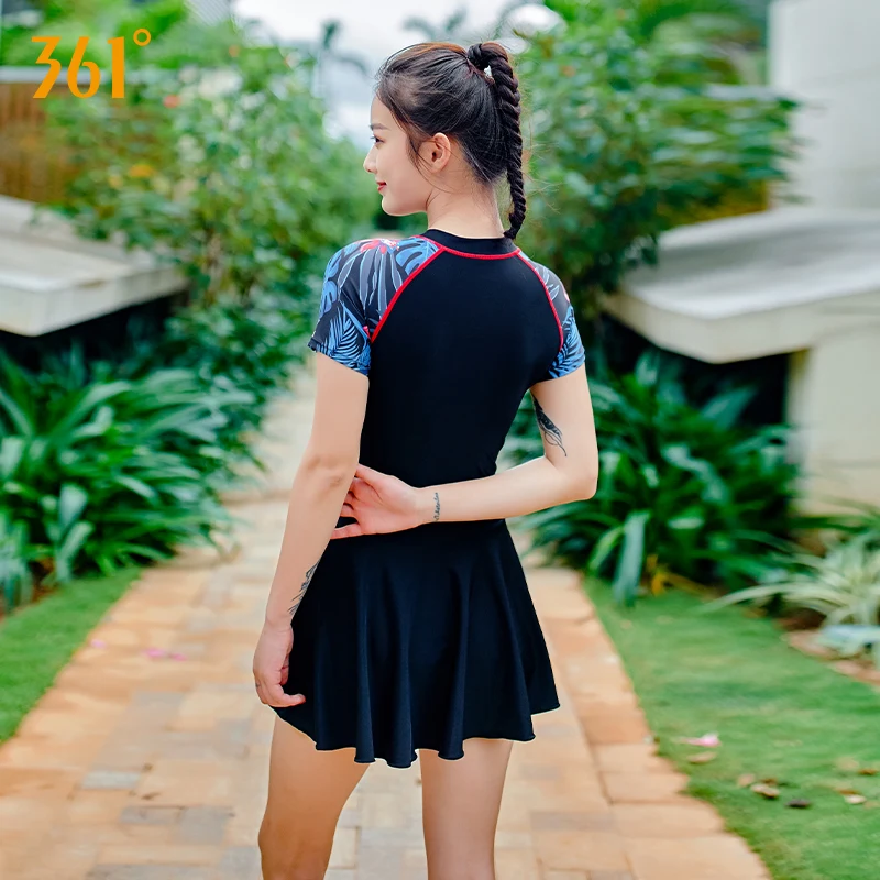 361 Swimsuit Female Summer 2021 One Piece Swim Skirt Short Sleeve Women Swimwear Swim Dress Zipper Stripe Rash Guard