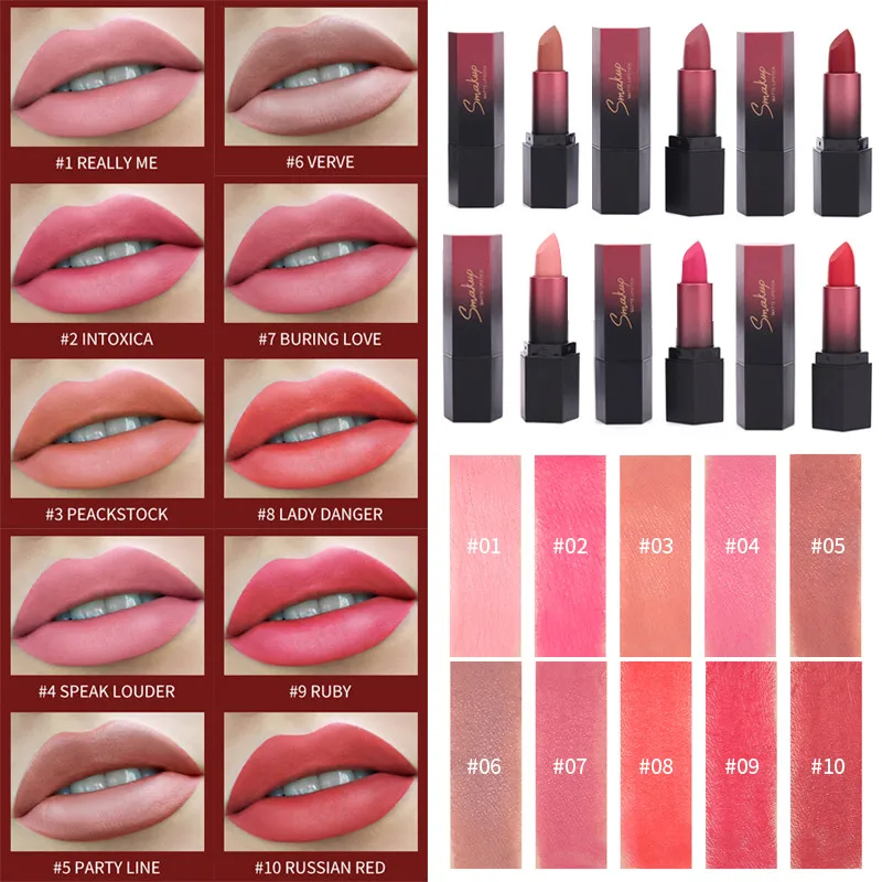 

10 Colors Sexy Red Lipstick Waterproof No Fading Matte Lipstick Easy To Wear Long Lasting Non-sticky Glossy Makeup Nude Lipstick