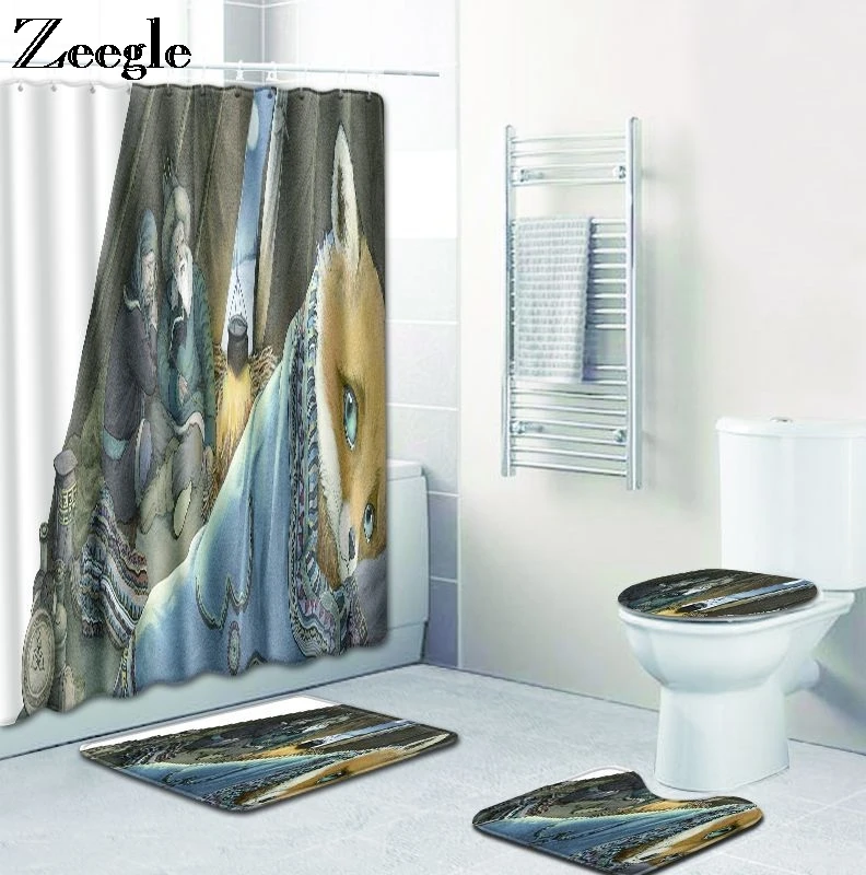 Zeegle 4pcs Bath Mat Set Waterproof Shower Curtain Anti Slip Toilet Pedestal Rug Soft Foot Mat Washable Flannel Soft Toilet Set