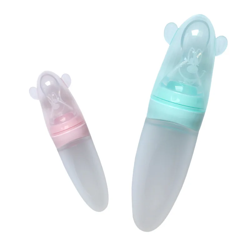 

Cartoon Liquid All Silica Gel Cereal Spoon 90ml Extrusion Type Rice Paste Bottle with Dust Cover Baby Food Supplement Baby Spoon