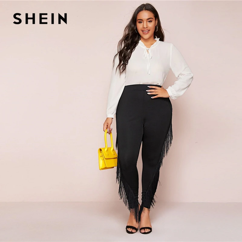 SHEIN, черные обтягивающие леггинсы с бахромой размера плюс, женские осенние однотонные длинные облегающие леггинсы, гламурные леггинсы Highstreet