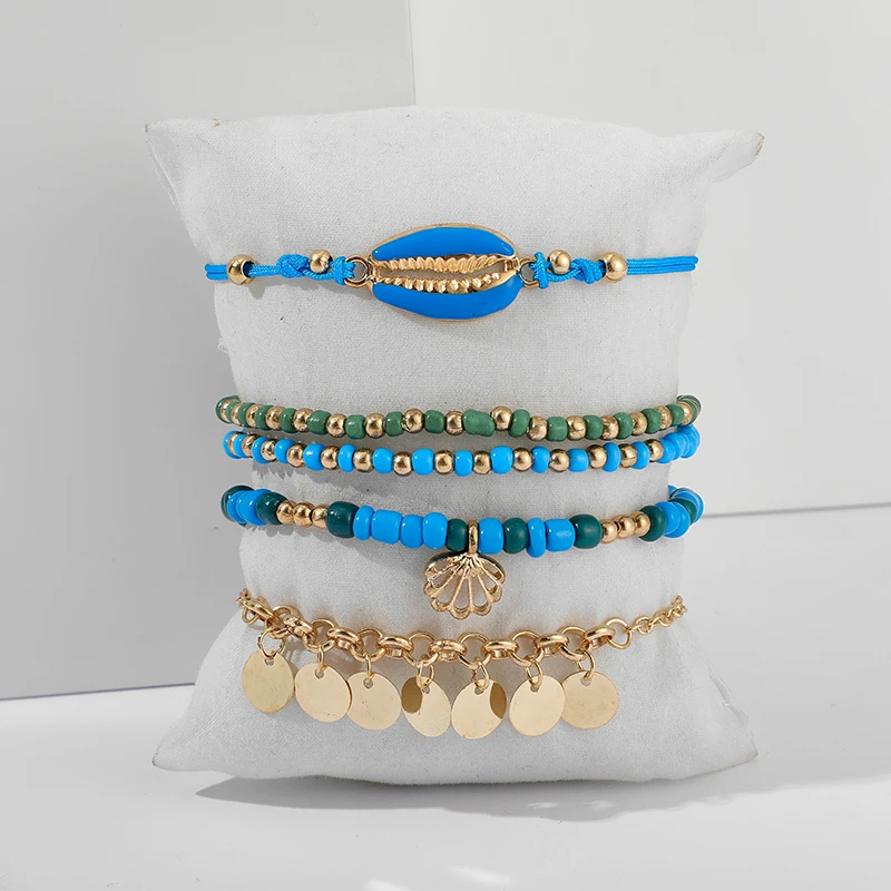 docona 4pcs Boho Shell Beaded Anklet Set for Women Multilayer Adjustable Sequin Pendant Foot Chains Beach Jewelry Tobillera 8792