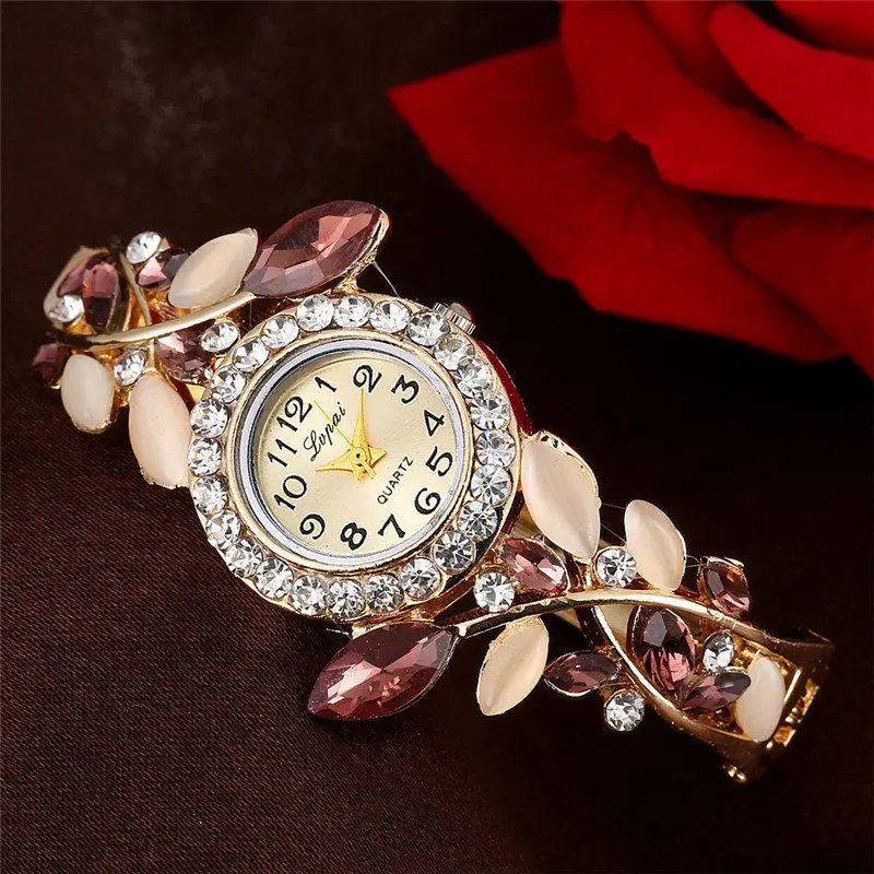 Fashion Vintage Brand Women Dress Watches Colorful Crystal Flower Women Bracelet Watch Wristwatch Women Gift Clock Red Watches